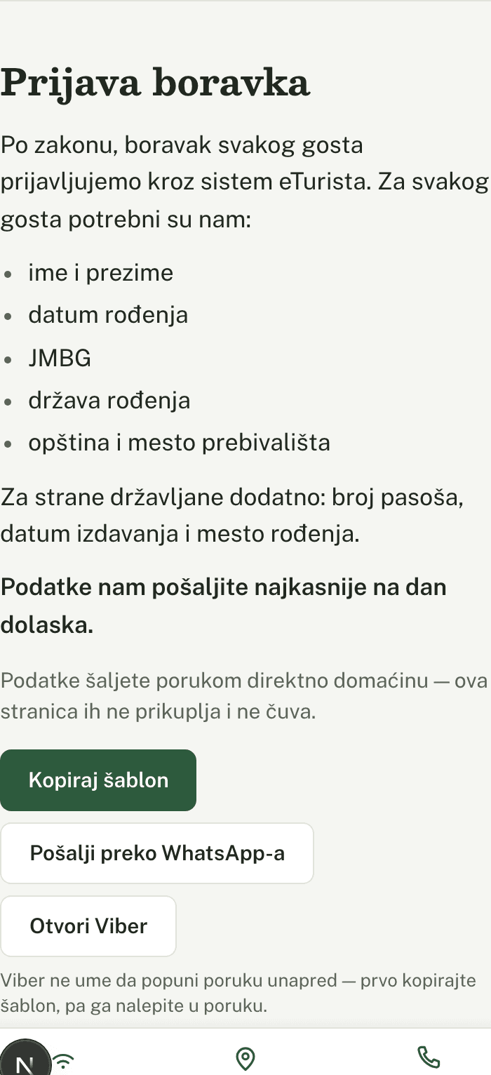 Sekcija o prijavi boravka sa spiskom potrebnih podataka
